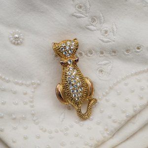 Vintage Sparkly Cat Pin, Small Cat Brooch, 1.5”H